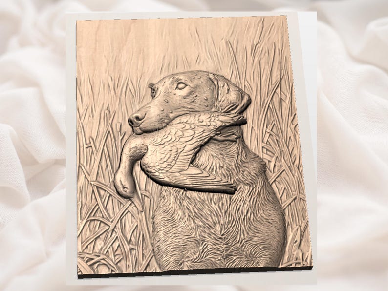 May include: A detailed wooden carving of a Labrador Retriever holding a duck in its mouth. The dog is set against a backdrop of tall grass. The carving is in shades of brown and beige, with intricate details.