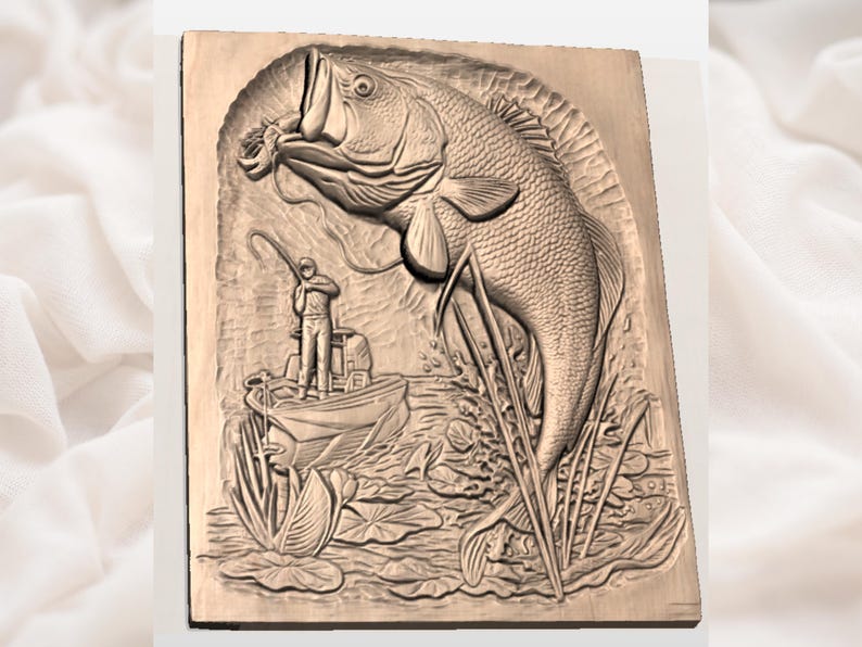 May include: A detailed wood carving depicts a largemouth bass leaping from the water, with a fisherman in a boat. The relief carving is in shades of brown, showcasing the fish's scales and the surrounding aquatic plants. The artwork is mounted on a rectangular wooden plaque.