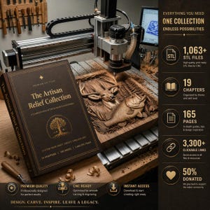 Puede incluir: Un libro titulado "The Artisan Relief Collection" se muestra junto a una máquina CNC que talla un relieve de madera. La portada del libro es marrón con texto dorado y una ilustración de un árbol. El relieve tallado presenta un ciervo y un pez.