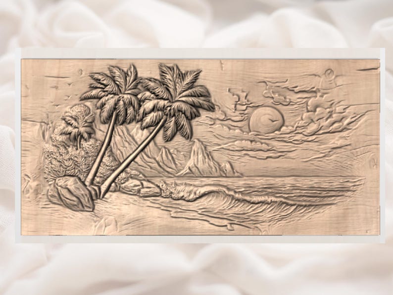 May include: A wooden relief carving depicting a tropical beach scene. Palm trees, waves, and a setting sun are carved into the wood. The artwork is framed and has a natural wood color.