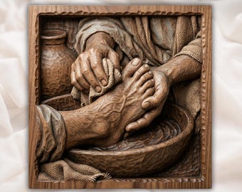 Rilievo 3D di Gesù che lava i piedi (formato STL) / Pannello in legno con scultura cristiana del lavaggio dei piedi / Decorazione murale per la Settimana Santa / Targa murale cristiana "Leadership di servizio"