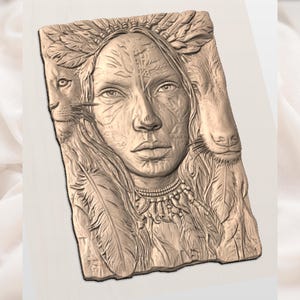 Tribal Woman & Wolf Lion 3D Relief STL view 3