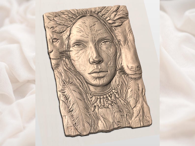 May include: A detailed relief sculpture featuring a woman's face with a lion and a wolf on either side. The woman wears a feathered headdress and necklace. The artwork is in shades of brown and beige, with intricate details.