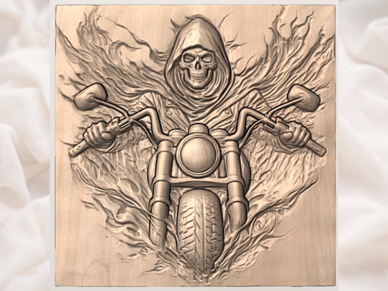 May include: A carved wooden panel depicting a grim reaper riding a motorcycle. The reaper, with a skull face and hooded cloak, grips the handlebars. The motorcycle's front tire and headlight are visible. The design is carved into a square wooden panel.