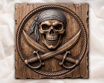 Baixo-relevo de crânio de pirata em STL | Arte náutica de parede com sabres cruzados | Placa rústica de navio | Projeto CNC para madeira com Aspire VCarve Pro, Carveco e ArtCAM