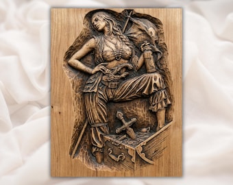 Pirate Girl 3D Relief STL | CNC Router Wood Carving | Female Pirate Treasure Chest Wall Art | Nautical Decor | Laser Engraving & 3D Print
