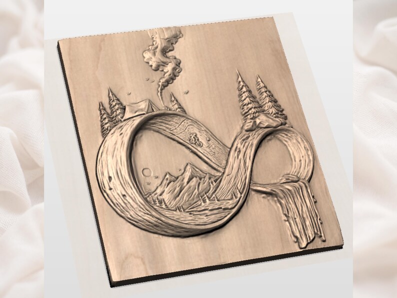 May include: A wooden carving featuring a stylized infinity symbol with a camping scene, mountains, and a waterfall. The design includes a tent, trees, and a cyclist, all carved into the wood. The overall theme is nature and outdoor adventure.