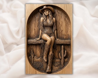 Cowgirl STL Relief | Western Girl 3D Carving CNC Router | Cowboy Hat Desert Wall Art Panel | Aspire, VCarve Pro, Carveco, Fusion 360, ArtCAM