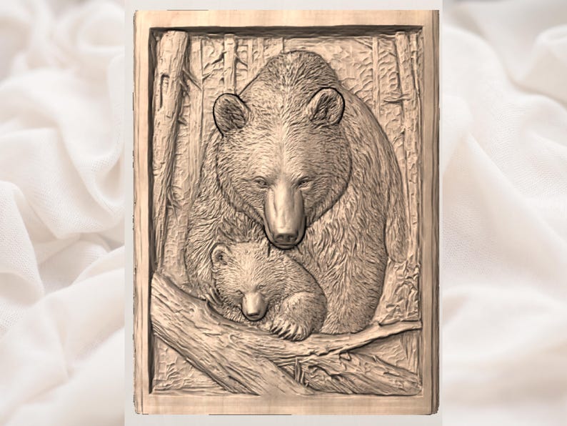 May include: A detailed relief carving of a bear and cub in a forest setting. The mother bear cradles her cub, both with detailed fur textures. The artwork is framed and has a natural, earthy tone.