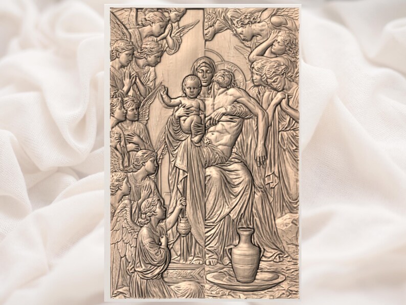 May include: A detailed relief carving depicting a religious scene. The artwork features figures including angels, a woman holding a baby, and a man. The figures are carved in a light brown color, with a vase and other objects in the foreground. The overall theme is religious art.