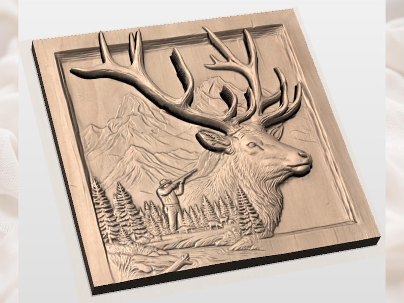 May include: A detailed wooden relief carving of a majestic elk with large antlers, set against a backdrop of mountains, trees, and a hunter. The artwork is framed and showcases a natural, rustic aesthetic.