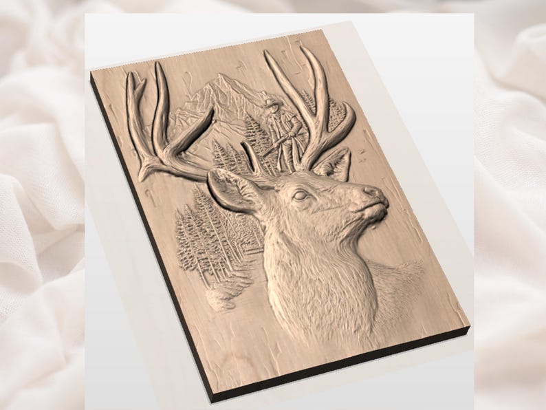 May include: A detailed wood carving of a deer with large antlers, set against a backdrop of mountains and trees. A figure of a hunter is also carved into the wood. The carving is in shades of brown and tan.