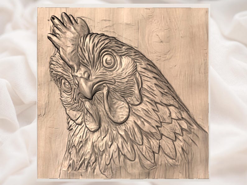 May include: A detailed, carved wooden panel featuring a close-up of a chicken's head. The artwork showcases the bird's eye, beak, comb, and wattle, with a focus on texture and form. The panel is a light brown color, with visible wood grain.