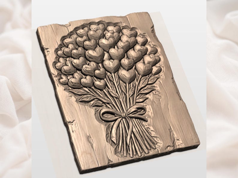 May include: A bronze-colored relief carving of a bouquet of hearts tied with a bow. The bouquet is set against a wooden background with a rustic, textured appearance. The hearts are clustered together, creating a romantic and decorative design.