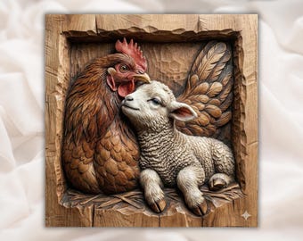 Hen and Lamb 3D Relief STL | Rustic Wood CNC Carving | Farm Animal Wall Decor | Aspire, VCarve Pro, Carveco, Fusion 360, ArtCAM | Home Decor