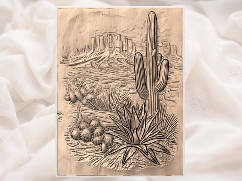 May include: Wooden relief carving depicting a desert landscape with a saguaro cactus, agave plant, and other desert flora. The background features a mesa and other rock formations. The carving is framed and has a natural wood color.