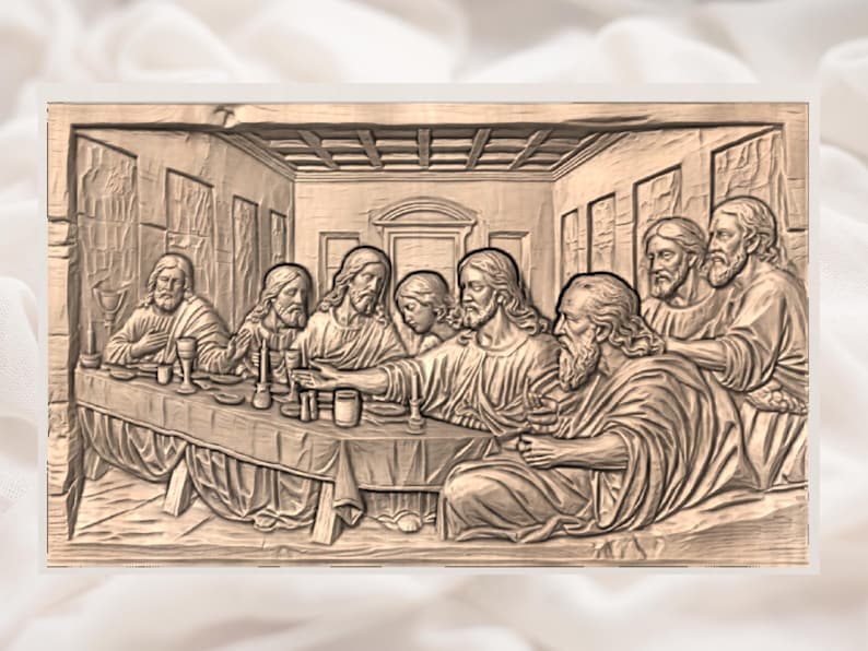 May include: A detailed, sepia-toned relief carving depicting the Last Supper. The artwork shows Jesus and his disciples seated around a table, with detailed facial expressions and drapery. The scene is set in a room with architectural details.