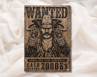 Cartel de "Se busca forajido" en relieve 3D STL / Letrero de pistolero del Salvaje Oeste Arte de pared / Impresión 3D con enrutador CNC y archivo de grabado láser