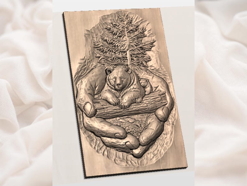 May include: A wooden relief carving showing a bear and two cubs resting on a log, held in hands. A detailed tree is carved above the bear. The artwork is in shades of brown and tan.