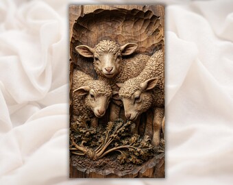 Lamb Trio Relief STL | CNC Router 3D Carving Model | Cute Sheep Family Wood Grain Bas Relief Panel | Farmhouse Nursery Wall Art