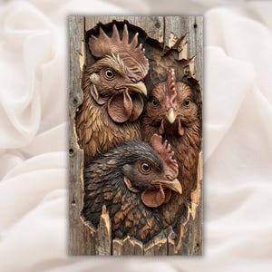 Könnte beinhalten: Detaillierte Holzschnitzerei von drei Hühnern, die durch einen verwitterten Holzrahmen blicken. Die Hühner haben braune und schwarze Federn mit roten Kämmen und Kehllappen. Das Kunstwerk ist ein rustikales, ländliches Stück.