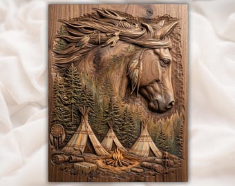 Spirit Horse STL | Teepee Camp Relief | Rustic Lodge Wall Decor | Woodland Scene Artwork | Wood Carving Design | Western Plaque File