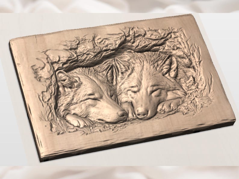 Vargpar 3D STL-fil | Sovande vargar CNC-relief | Mysig skogsmark med vilda djur i träsnideri | Rustik stuga väggdekor bild 3