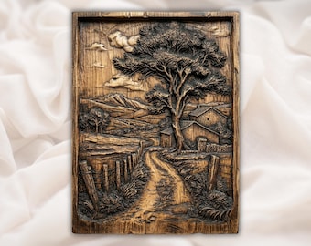 Landstraße Bauernhaus 3D Relief STL | CNC-Fräser-Holzschnitzdatei | Rustikale Baum Scheune Landschaft Wand Kunst Panel | Landhaus Bauernhof Dekor