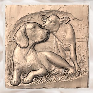 Cute Farm Dog & Calf 3D Relief STL view 2