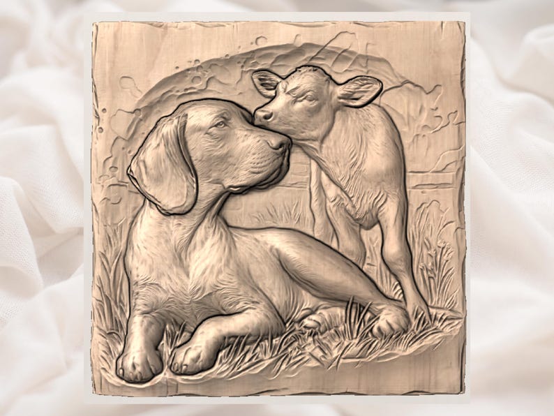 May include: A wooden relief carving depicts a dog and a calf in a pastoral scene. The dog is lying down, while the calf stands close, touching the dog's head. The artwork is in shades of brown, with details of grass and a background.