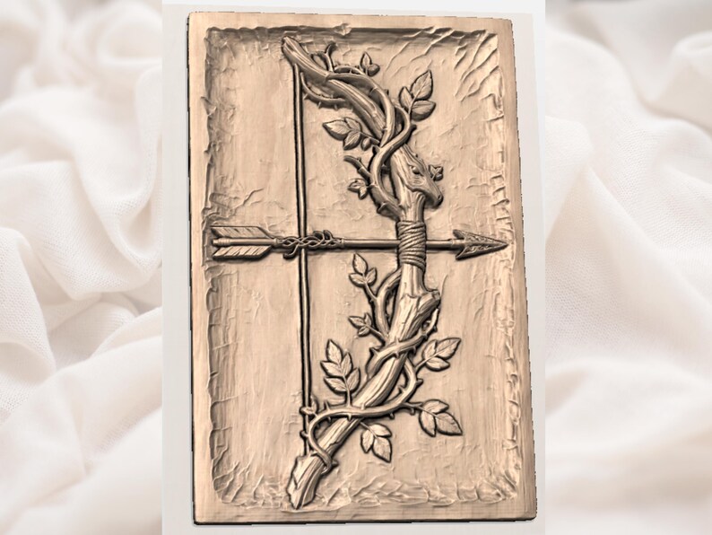May include: A bronze-colored relief carving of a bow and arrow, intertwined with leafy vines. The arrow is centered, pointing horizontally. The bow is vertical, with a textured, aged background. The overall design evokes a rustic, natural theme.