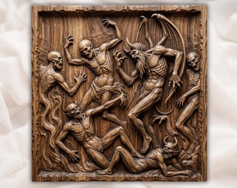 Hellish Demon Horde Battle Scene CNC Relief STL | Macabre Wall Art Panel | Gothic Wood Carving Design | Dark Fantasy Decor