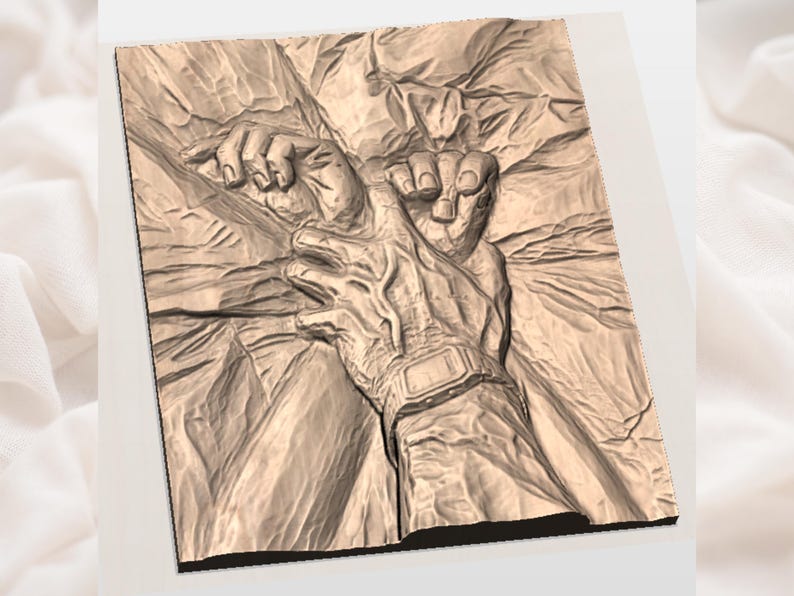 May include: A detailed, sepia-toned relief carving depicting two hands. One hand is clenched in a fist, while the other is open. The carving includes a watch on the wrist and is set against a textured background.