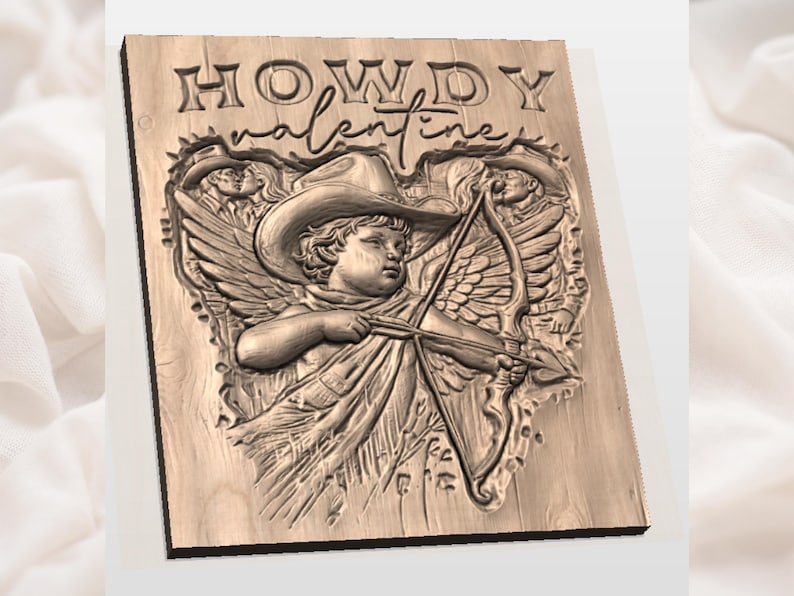 May include: Wooden plaque with a carved design. The plaque features a cowboy cupid with a bow and arrow, wearing a cowboy hat and wings. The words "HOWDY valentine" are carved at the top in a decorative font. The overall design is in shades of brown.