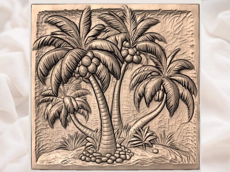 Palm Tree 3D Relief STL | Tropical Coconut Palms Wood Carving Panel | Beach Wall Art |Tropical Island Palms STL | Coconut Tree Wall Plaque image 3