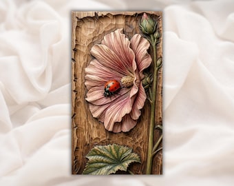 Bajorrelieve de mariquita con flor de hibisco STL / Archivo 3D de tallado en madera CNC / Panel de arte mural floral botánico / Veta de madera rústica tallada a mano