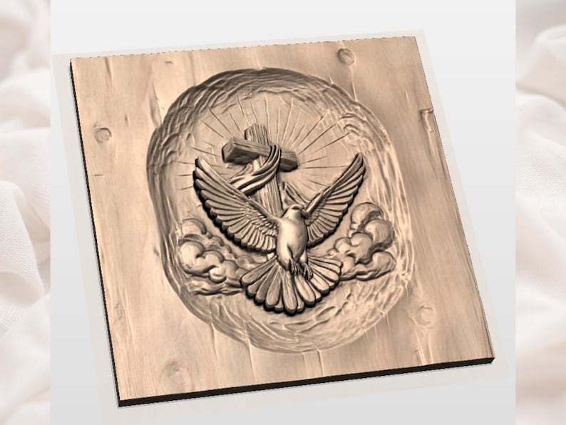 Helige Andes duva kors 3D-relief STL | CNC-fräs träsniderifil | Kristen väggkonstpanel | Dop konfirmation kyrkdekor bild 3