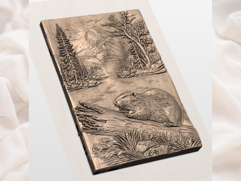 May include: A rectangular wooden carving depicting a beaver on a log near a river, with a mountain and trees in the background. The carving is in shades of brown and has detailed textures.