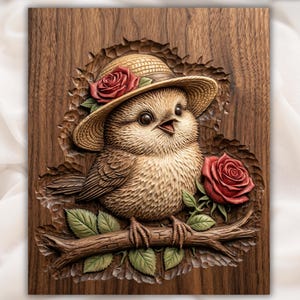 Cute Bird with Roses 3D Relief STL for CNC Router view 1