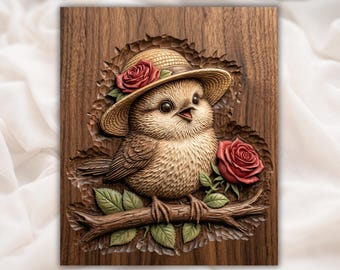 Cute Bird with Roses 3D Relief STL for CNC Router | Baby Chick Wall Art Wood Carving Panel | Nursery Decor | Rose Bird STL