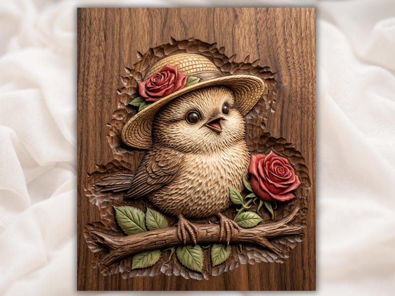 Cute Bird with Roses 3D Relief STL for CNC Router