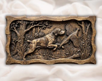 Brittany Spaniel Hunting Dog STL | Bird Dog Chasing Pheasant 3D Relief | CNC Router Wood Carving File | Upland Hunting Wall Art Panel