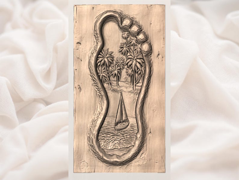 May include: A wooden carving in the shape of a foot, featuring a detailed tropical beach scene. The scene includes palm trees, a sailboat on the water, and waves. The carving is a light brown color and has a textured surface.