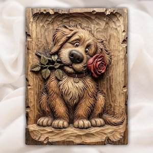 Cute Puppy with Rose Relief STL view 1