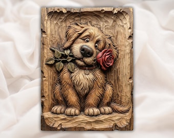 Cute Puppy with Rose Relief STL | CNC Router 3D Carving Model | Dog Love Wood Grain Bas Relief Panel | Valentine Gift Wall Art