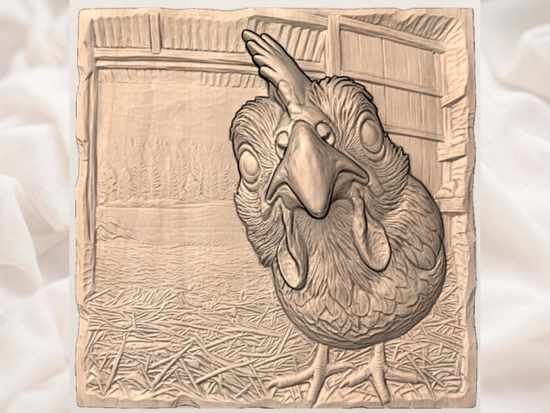 May include: A carved wooden relief depicting a close-up of a chicken with a surprised expression. The artwork is set against a backdrop of a barn and a field, with detailed textures and shading.