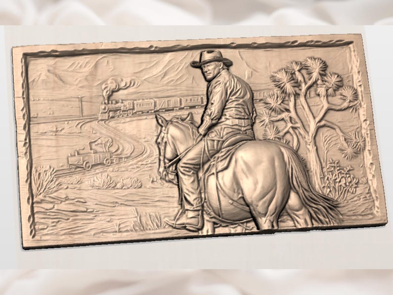Western Cowboy on Horse STL | Steam Train Desert Landscape Relief | Old West Ranch Wall Plaque | Joshua Tree Mountain Scene image 3