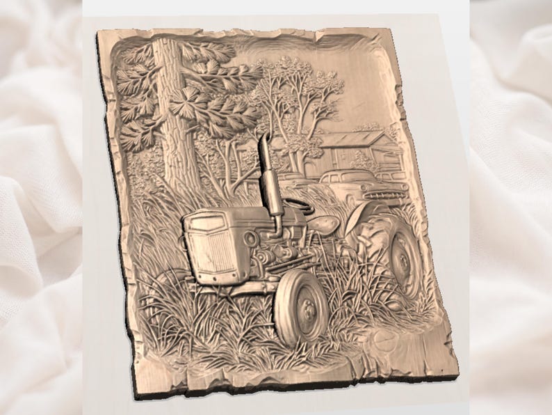 3D-relief STL för vintagetraktor | CNC-fräs för bondgårdsscen | Träsniderifil med rustik basrelief för väggkonst | Heminredning bild 2