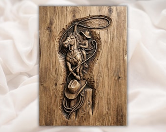 Cowboy Rodeo 3D Relief STL | Horse Rider and Lasso Wood Carving File | Western Wall Art STL for CNC Router | 3D Print & Laser Engrave