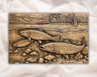 Trout Trio 3D Relief STL | Panel z podwodną sceną wędkarską z rzeką | Frezowanie CNC, druk 3D, grawerowanie laserowe | Pobieranie cyfrowe